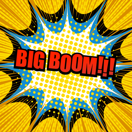 Comic explosive template with red Big Boom inscription. Colorful blot rays and halftone effects. Vector illustration.のイラスト素材