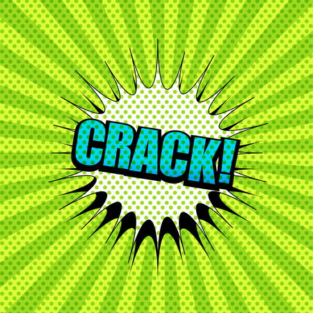 Comic elegant page template with blue Crack inscription. White speech bubble, green dotted effects on radial background. Vector illustration.のイラスト素材
