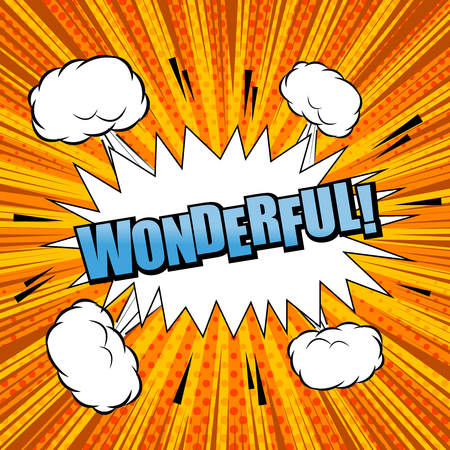 Comic blue Wonderful wording template with white speech bubble, sound, clouds, rays and halftone effects on orange radial background in pop art style. Vector illustrationのイラスト素材