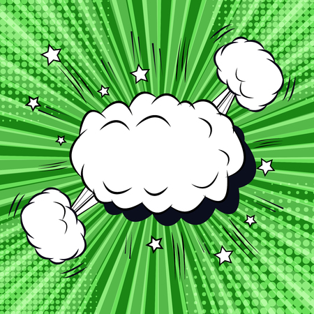Comic bright poster cover with blank speech bubble, clouds, stars, halftones, sound effects on green radial background. Vector illustrationのイラスト素材