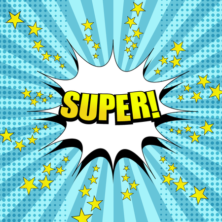 Comic starry bright background with yellow Super wording stars white speech bubble halftone and radial effects in pop art style. Vector illustrationのイラスト素材