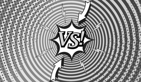 Comic fighting monochrome horizontal background with two opposite sides, lightnings, arrows, halftone and round effects in gray colors. Vector illustrationのイラスト素材