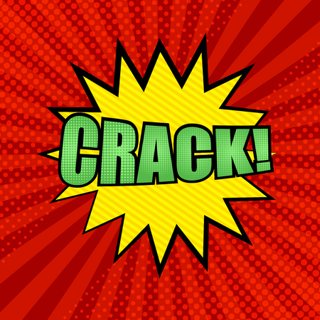 Comic Crack wording background with green inscription, yellow speech bubble, slanted lines, dotted and radial effects. Vector illustrationのイラスト素材