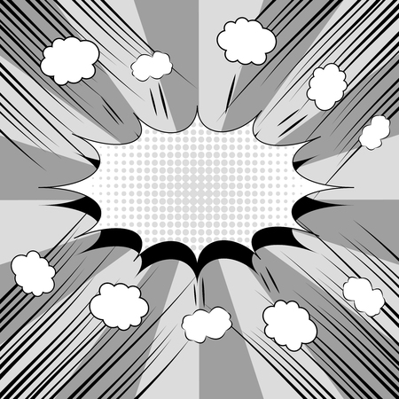Comic book monochrome background with speech bubble clouds sound halftone rays and radial effects in gray colors. Vector illustrationのイラスト素材