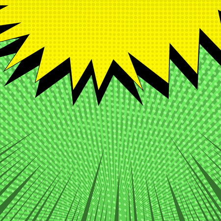 Comic bright composition with yellow speech bubble shadow dotted and rays effects on green radial background. Vector illustrationのイラスト素材