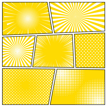 Comic book page bright composition with rays dotted radial and halftone humor effects in yellow and white colors. Vector illustrationのイラスト素材
