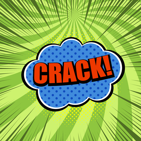 Comic bright Crack wording template with red inscription, blue speech bubble, dotted, halftone, rays effects on green radial background. Vector illustrationのイラスト素材