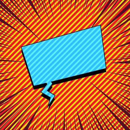 Comic explosive template with blue rectangular speech bubble slanted lines and rays effects. Vector illustrationのイラスト素材