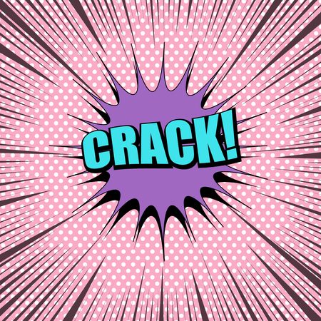 Comic crack wording template with turquoise inscription, purple speech bubble, rays white dots effects on pink background. Vector illustration.のイラスト素材