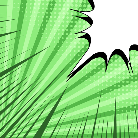 Comic book page bright template with blank white speech bubble in corner halftone radial and rays humor effects on green background. Vector illustrationのイラスト素材