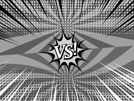 Comic versus monochrome background with two opposite sides, white inscription, halftone, rays and radial effects in gray colors. Vector illustrationのイラスト素材