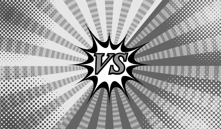 Comic versus gray horizontal background with two sides, speech bubble, halftone, circles and radial effects in monochrome style. Vector illustrationのイラスト素材