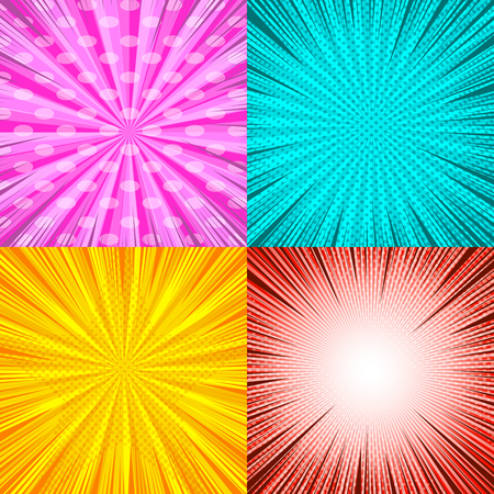 Comic book backgrounds set with oval radial dotted star shape and rays effects in pink turquoise yellow red colors. Vector illustrationのイラスト素材
