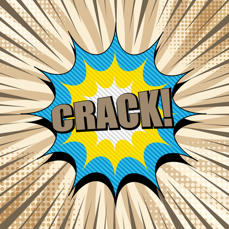 Comic book bright template with Crack inscription colorful speech bubble halftone and rays effects on brown radial background. Vector illustrationのイラスト素材