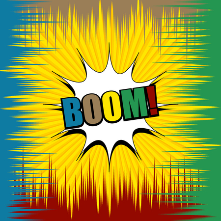 Comic book dynamic concept with Boom inscription white speech bubble colorful rays effects on yellow radial background. Vector illustrationのイラスト素材