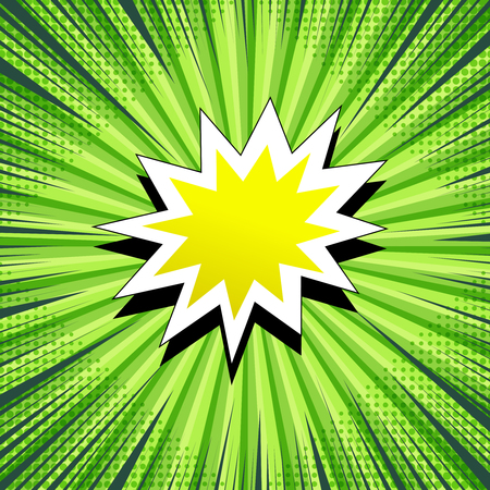 Comic book page green concept with white and yellow blank speech bubble, rays, halftone and radial effects. Vector illustrationのイラスト素材
