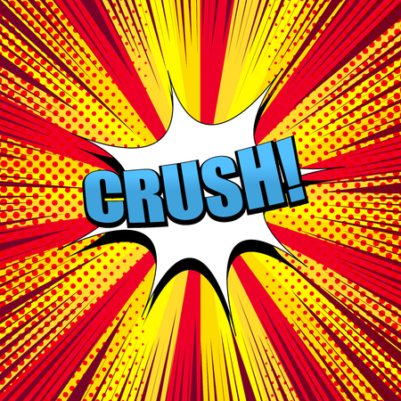 Comic Crush wording concept with blue inscription white speech bubble red rays halftone and radial effects on yellow background. Vector illustrationのイラスト素材