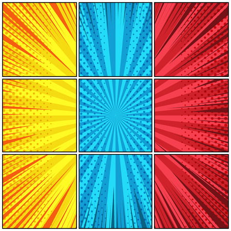Comic book page template with radial rays halftone dotted effects in yellow red and blue colors. Vector illustrationのイラスト素材