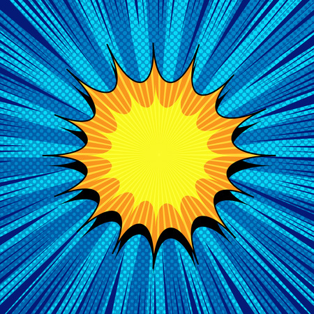 Comic page bright concept with yellow and orange speech bubble, rays, dotted and radial effects on blue background. Vector illustrationのイラスト素材