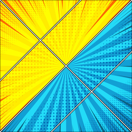 Comic diagonal confrontation background with radial rays halftone humor effects in yellow and blue colors. Vector illustrationのイラスト素材