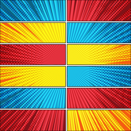 Comic bright explosive background with radial rays halftone humor effects in yellow red blue colors. Vector illustrationのイラスト素材