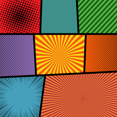 Comic page concept with halftone radial striped rays humor effects in different colors and black dividing lines. Vector illustrationのイラスト素材