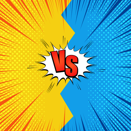 Comic page fight background with red VS letters two opposite blue and yellow sides rays halftone humor effects. Vector illustrationのイラスト素材
