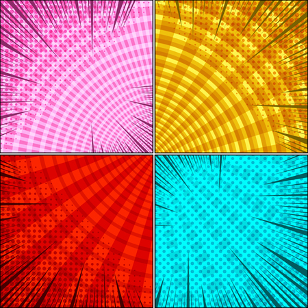 Comic book page scenes collection with four backgrounds circles radial halftone dotted and rays humor effects in different colors. Vector illustrationのイラスト素材
