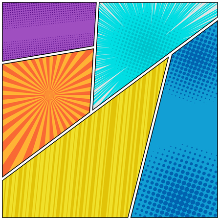Comic book page background with halftone radial striped rays humor effects in different colors. Vector illustrationのイラスト素材