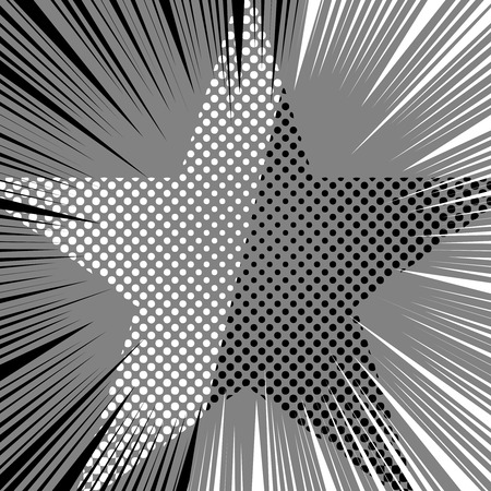 Comic starry monochrome template with separated halftone star two opposite sides and rays effects in black gray white colors. Vector illustrationのイラスト素材