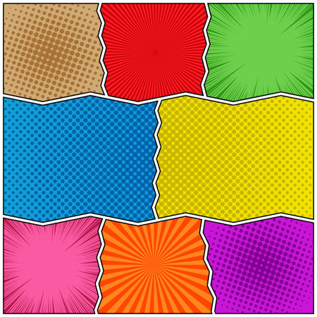 Comic book colorful template with rays halftone radial humor effects and curved dividing lines. Vector illustrationのイラスト素材