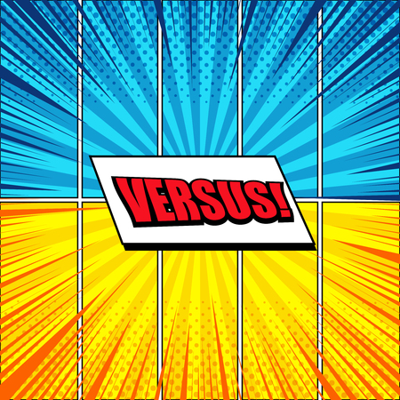 Comic versus colorful concept with two opposite blue and yellow sides white speech bubble red inscription rays halftone radial humor effects. Vector illustrationのイラスト素材