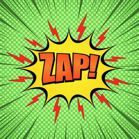 Comic book electric concept with orange Zap inscription yellow speech bubble red lightnings and humor effects on green background. Vector illustrationのイラスト素材