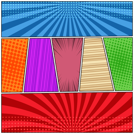 Comic book page super background with different frames halftone radial stripes and rays humor effects. Vector illustrationのイラスト素材