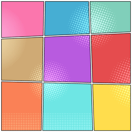 Comic book page mockup with colorful frames and halftone humor effects. Vector illustrationのイラスト素材