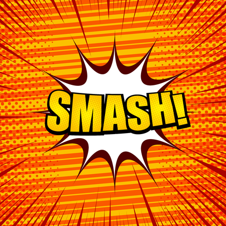 Comic book orange template with yellow light Smash wording white speech bubble stripes rays and halftone effects. Vector illustrationのイラスト素材