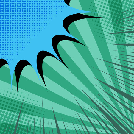 Comic page dynamic concept with blue speech bubble in corner dotted halftone and rays humor effects on radial green background. Vector illustrationのイラスト素材