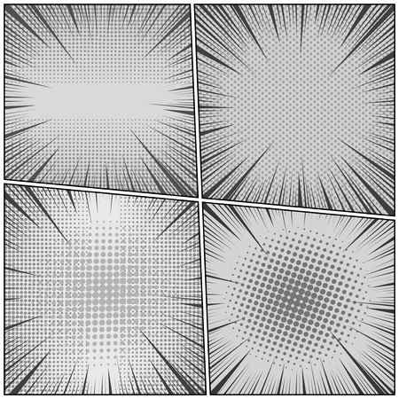 Comic book page monochrome concept with four frames halftone and rays effects in gray colors. Vector illustrationのイラスト素材