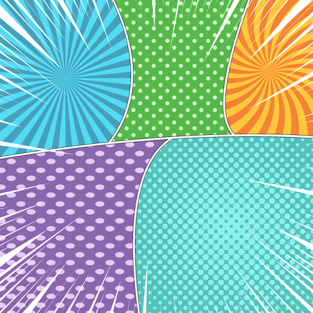 Comic book page concept with radial rays halftone humor effects and bent lines. Vector illustrationのイラスト素材