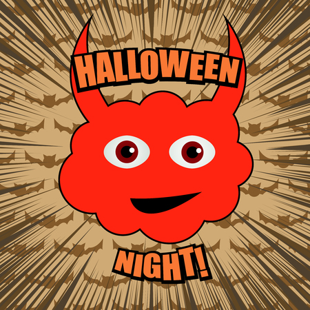 Comic Halloween Night humorous template with red smiling demon face rays and bats silhouettes vector illustrationのイラスト素材