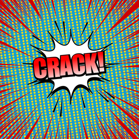 Comic page elegant template with red Crack inscription white speech bubble yellow dotted and rays effects on blue background. Vector illustrationのイラスト素材