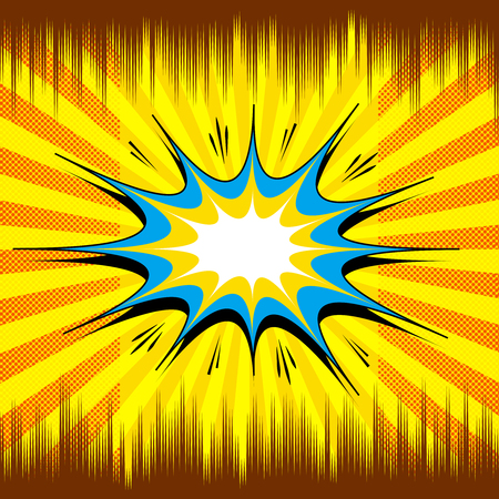 Comic book page explosive concept with colorful speech bubble sound dotted radial and rays effects on yellow background. Vector illustrationのイラスト素材