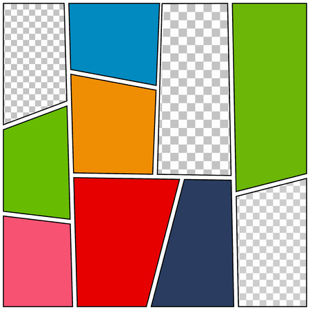 Comic page bright composition with blank colorful frames and checkered scenes. Vector illustrationのイラスト素材