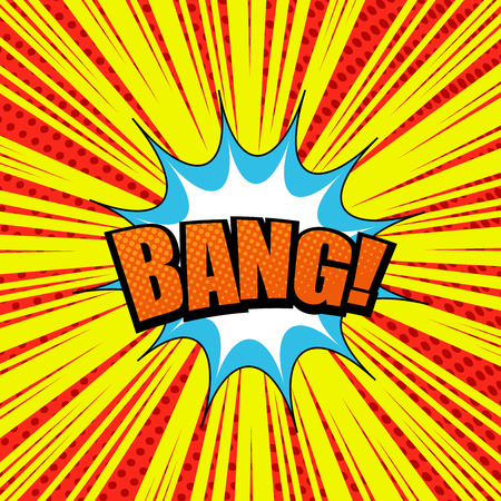 Comic page bright yellow burst background with orange Bang wording colorful speech bubbles halftone and red rays humor effects. Vector illustrationのイラスト素材