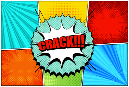 Comic book colorful composition with speech bubble white cloud red Crack wording sound rays radial halftone effects. Vector illustrationのイラスト素材