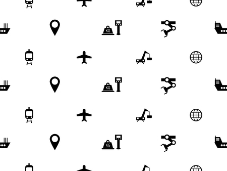 Logistic icons seamless pattern with black navigation pin weight robotic arm globe ship airplane tram crane icons. Vector illustrationのイラスト素材