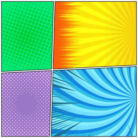Comic book page colorful composition with halftone rays dotted radial humor effects. Vector illustrationのイラスト素材
