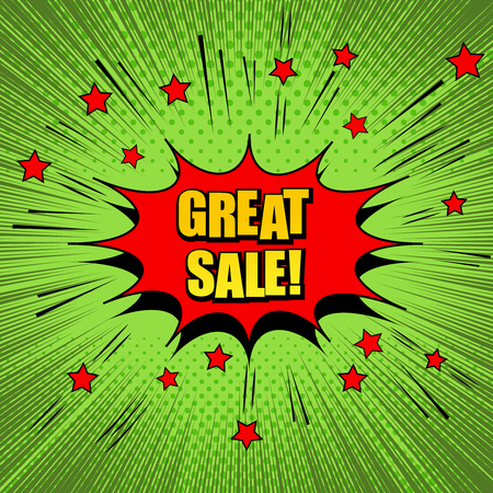 Comic promotional bright concept with red speech bubble stars yellow Great Sale wording rays and halftone effects on green background. Vector illustrationのイラスト素材