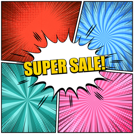 Comic advertising light concept with white speech bubble Super Sale yellow inscription sound rays radial and halftone effects. Vector illustrationのイラスト素材