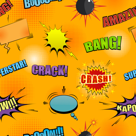Comic colorful seamless pattern with speech bubbles stars bright Amazing Crash Kapow Boom Bang Superstar wordings lightnings bomb stars and halftone humor effects. Vector illustrationのイラスト素材
